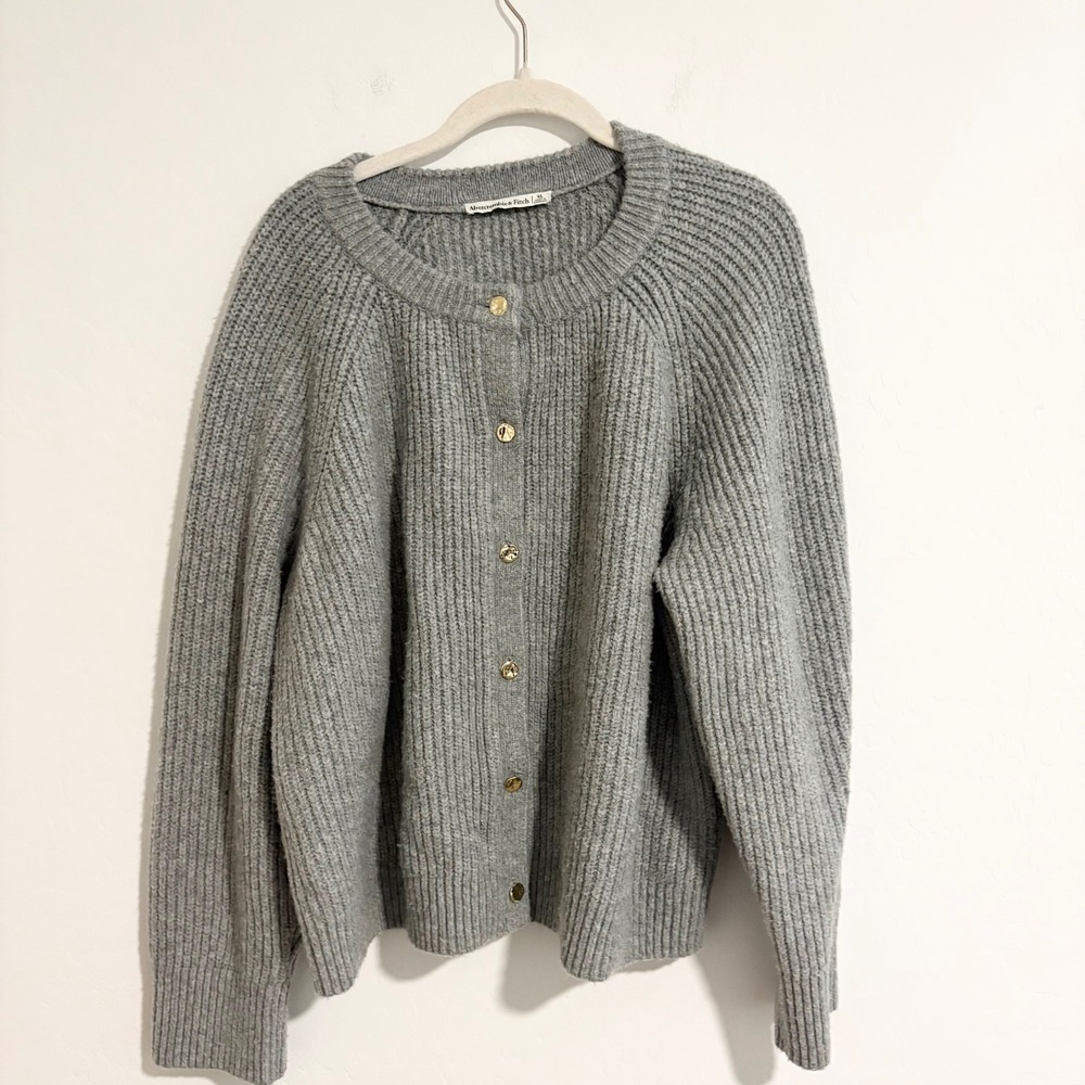 Abercrombie & Fitch Gray Ribbed Crew Cardigan Gold Buttons XL Wool Blend Sweater - Picture 2 of 7